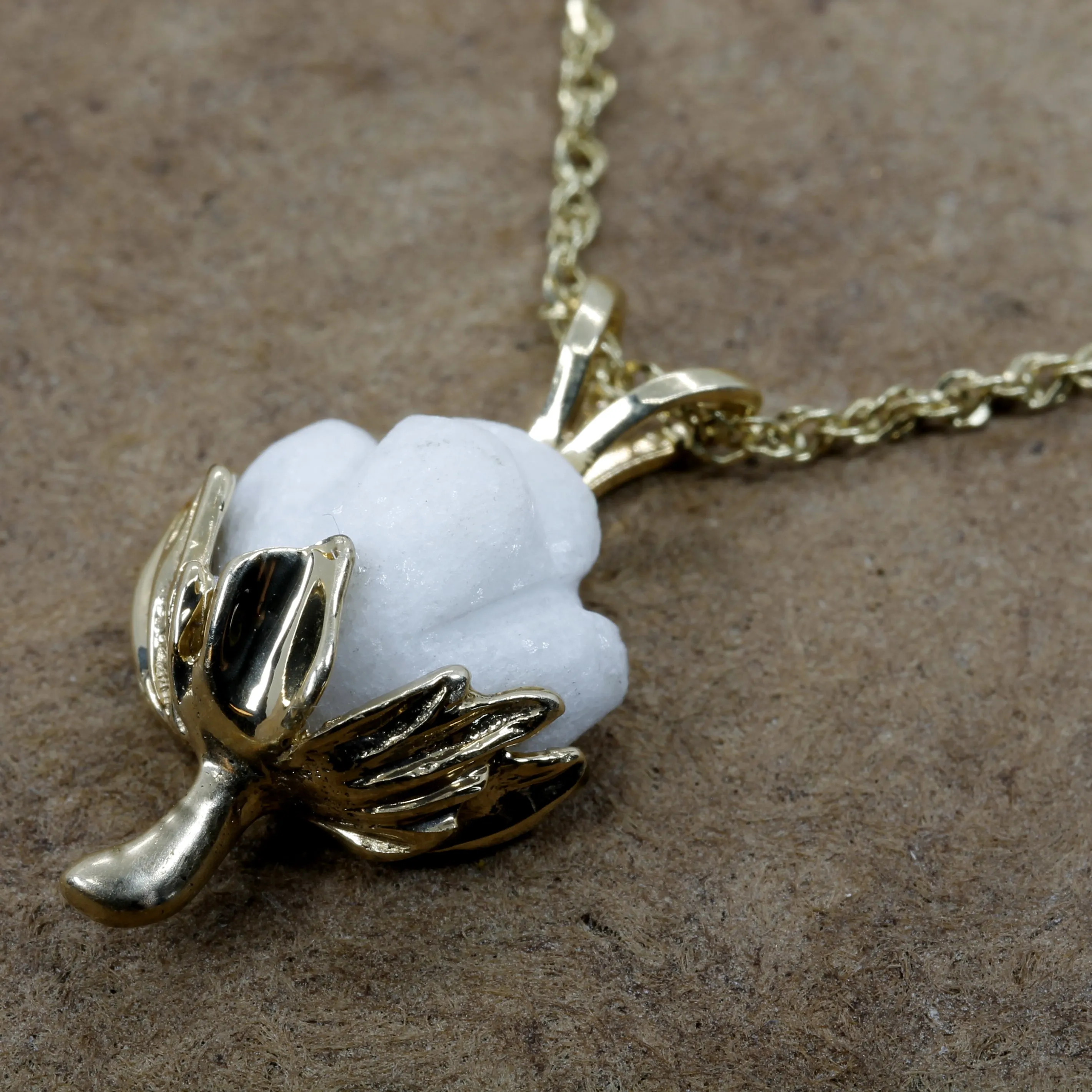 Matching Set of Cotton Boll Necklace And Dangle Earrings in 14kt Yellow Gold