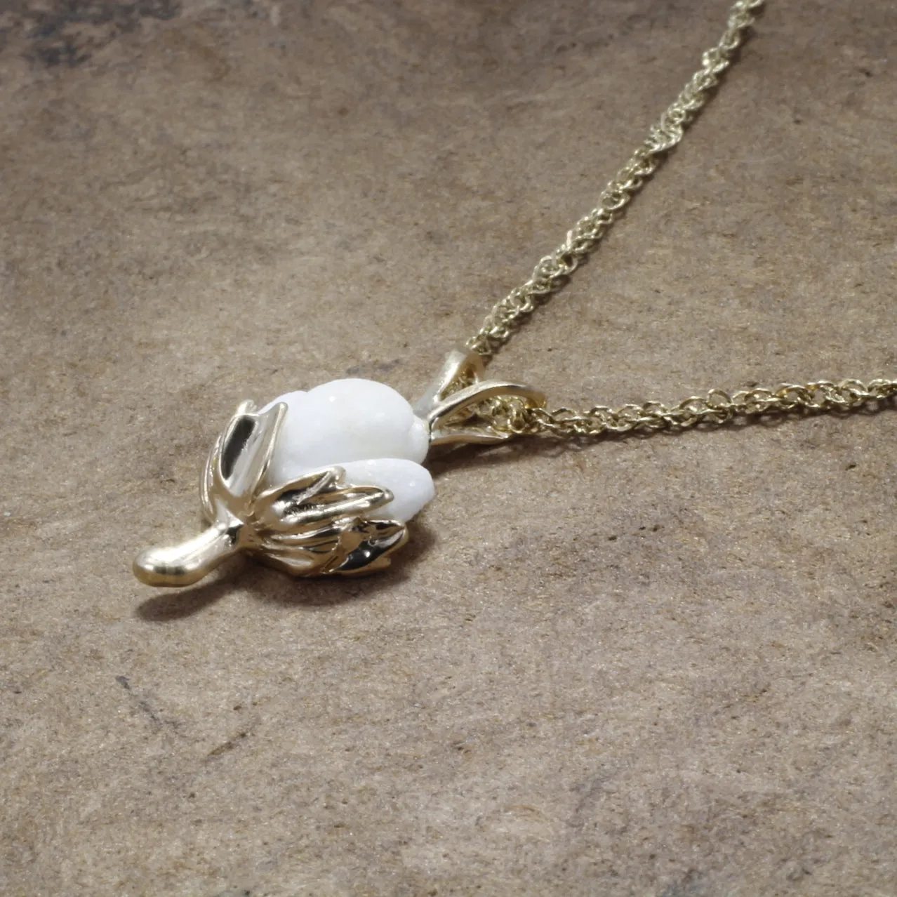 Matching Set of Cotton Boll Necklace And Dangle Earrings in 14kt Yellow Gold