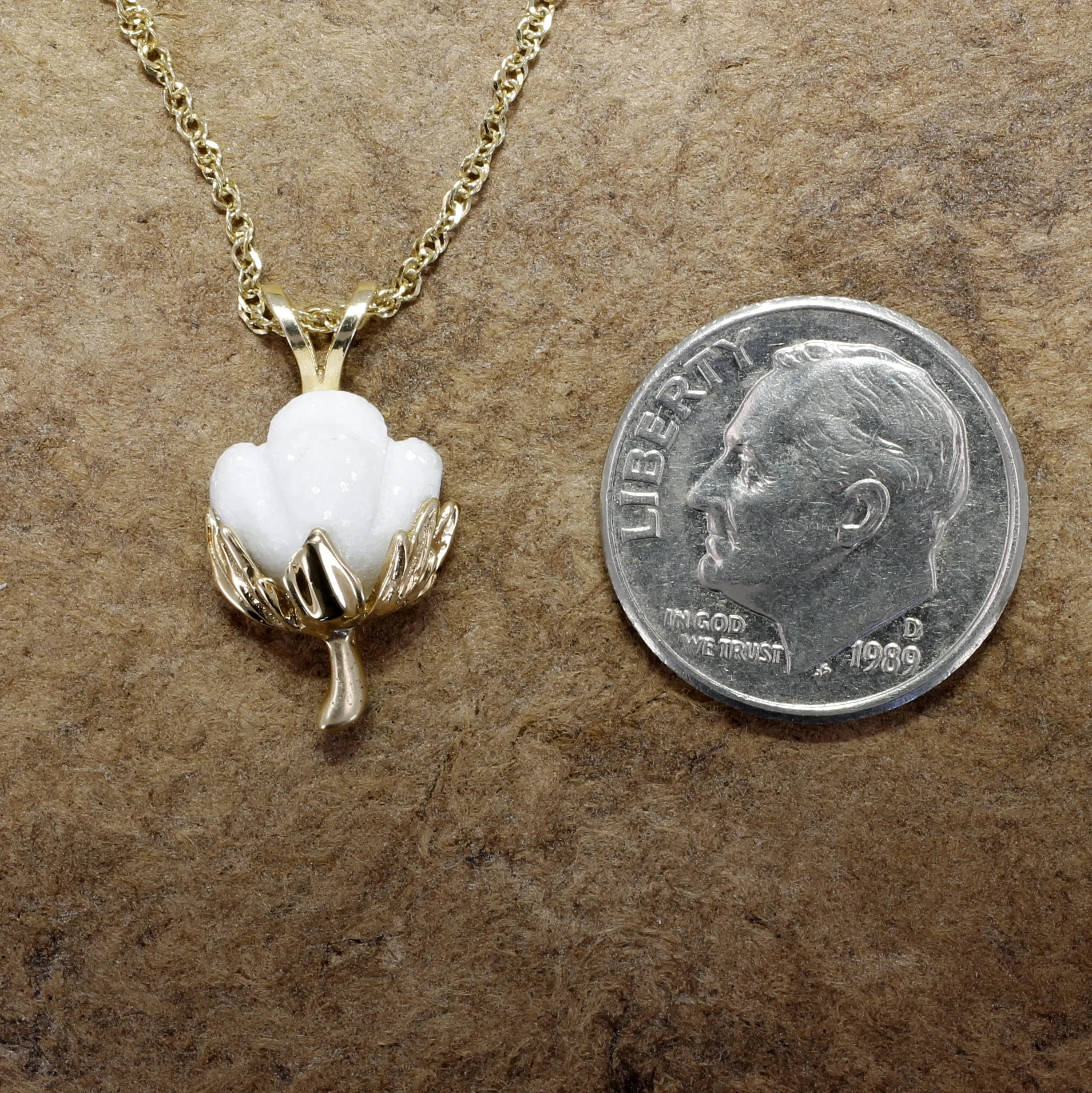Matching Set of Cotton Boll Necklace And Dangle Earrings in 14kt Yellow Gold