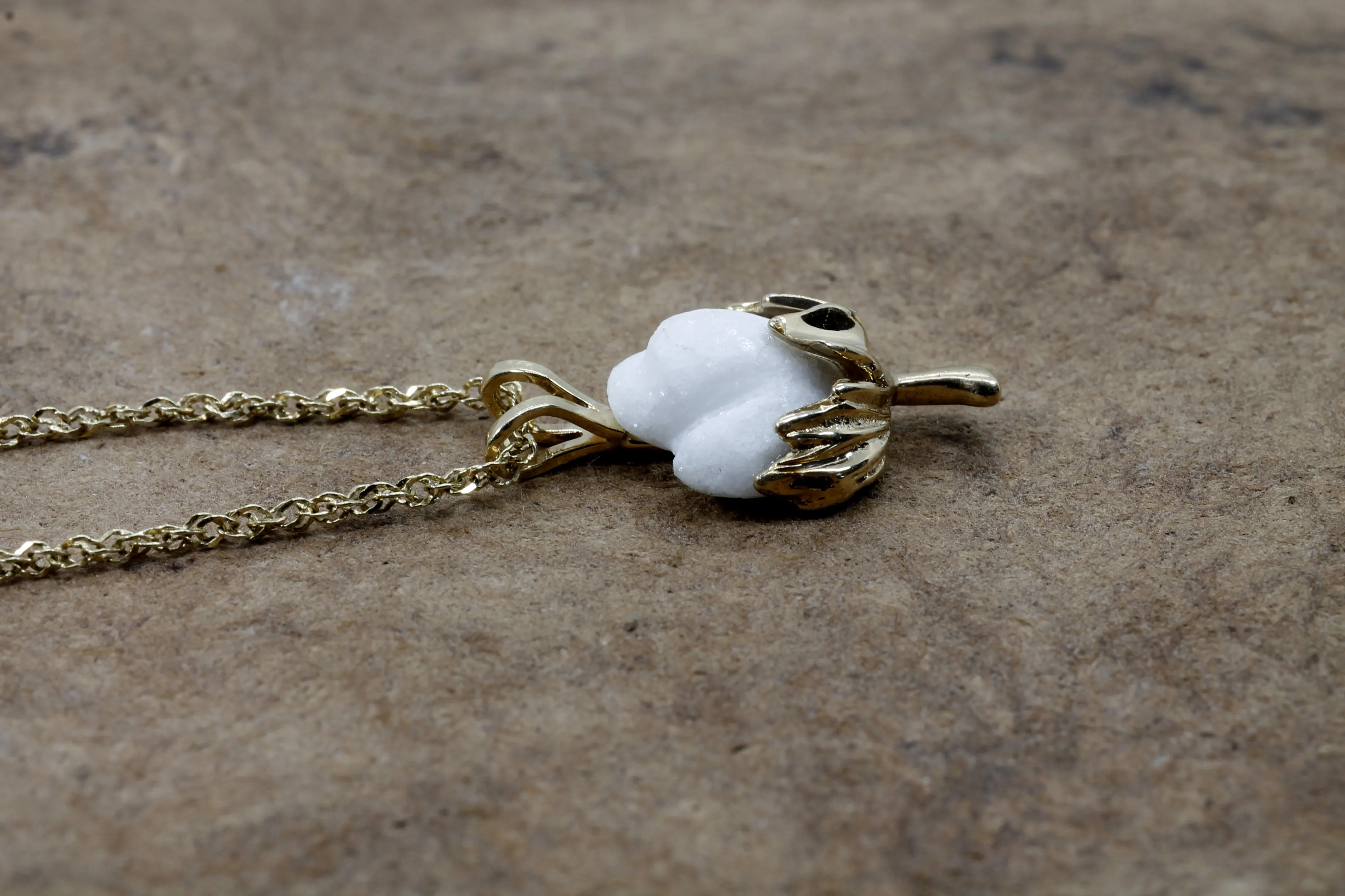 Matching Set of Cotton Boll Necklace And Dangle Earrings in 14kt Yellow Gold
