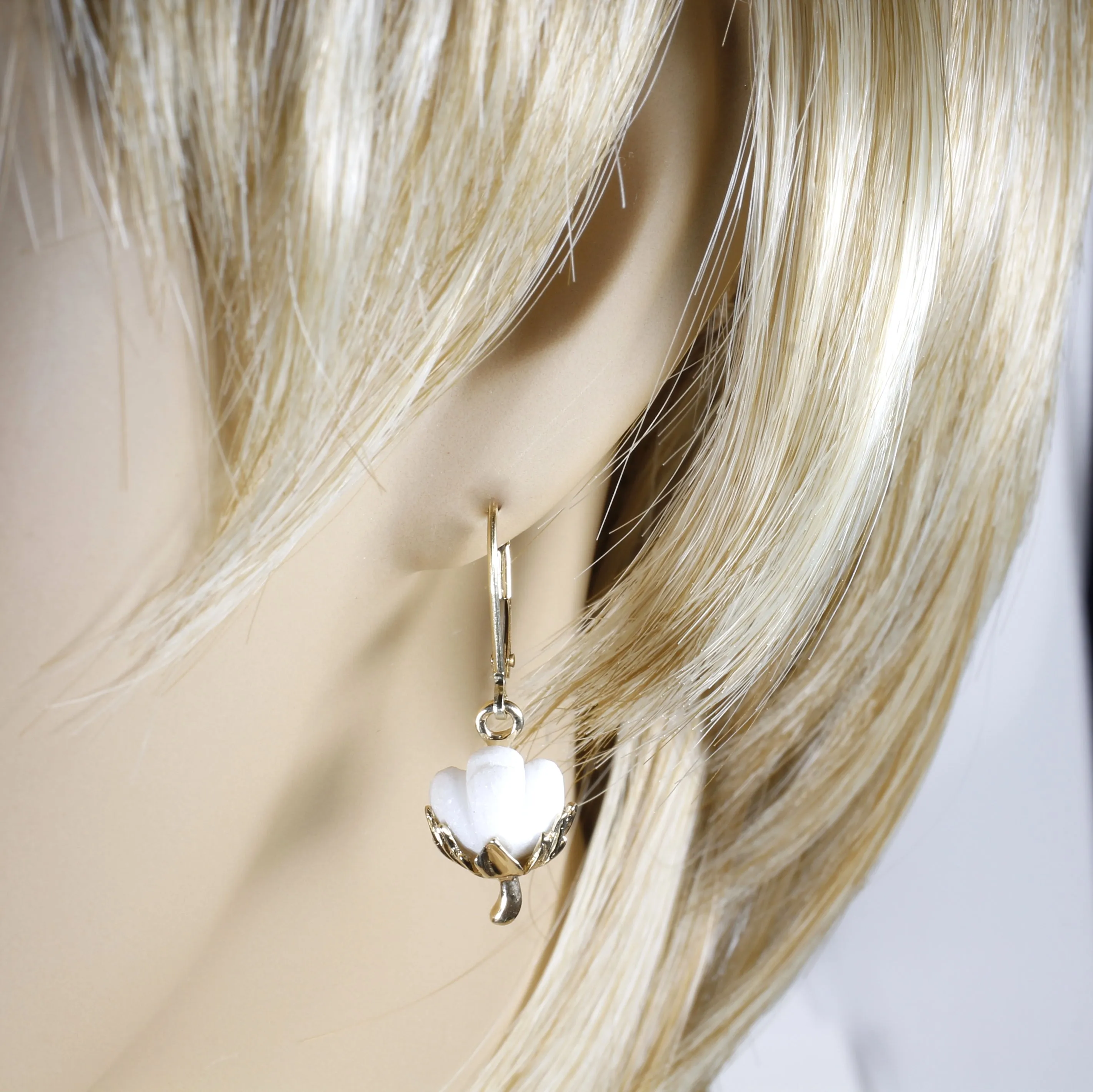 Matching Set of Cotton Boll Necklace And Dangle Earrings in 14kt Yellow Gold