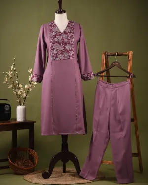 Mauve Winter Wear Wool Spun Blend Ready To Wear Kurta With Pant