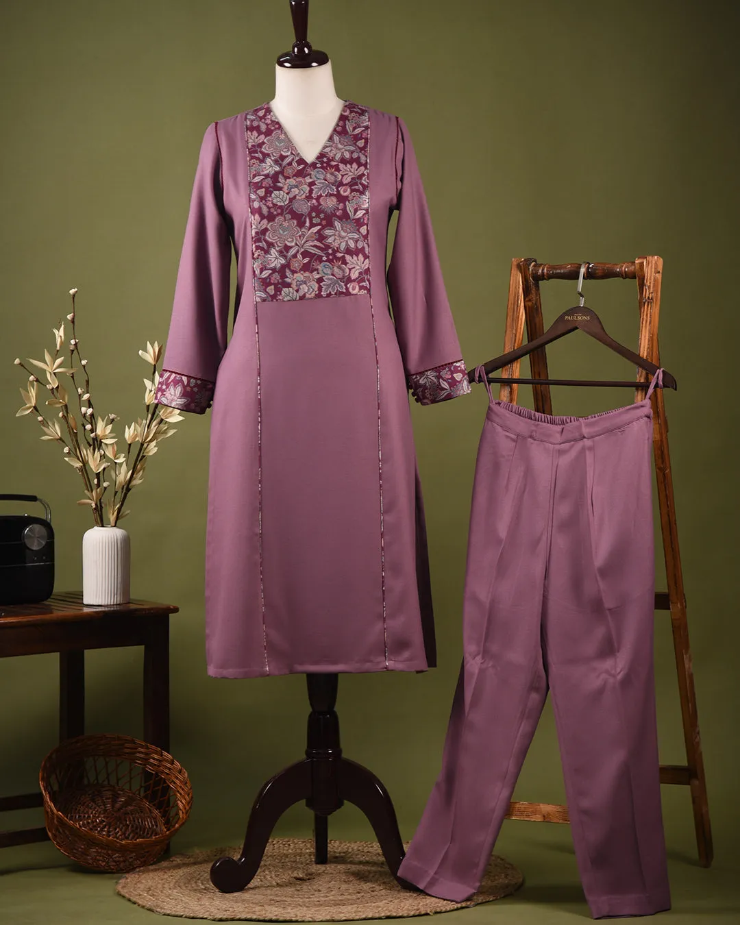 Mauve Winter Wear Wool Spun Blend Ready To Wear Kurta With Pant