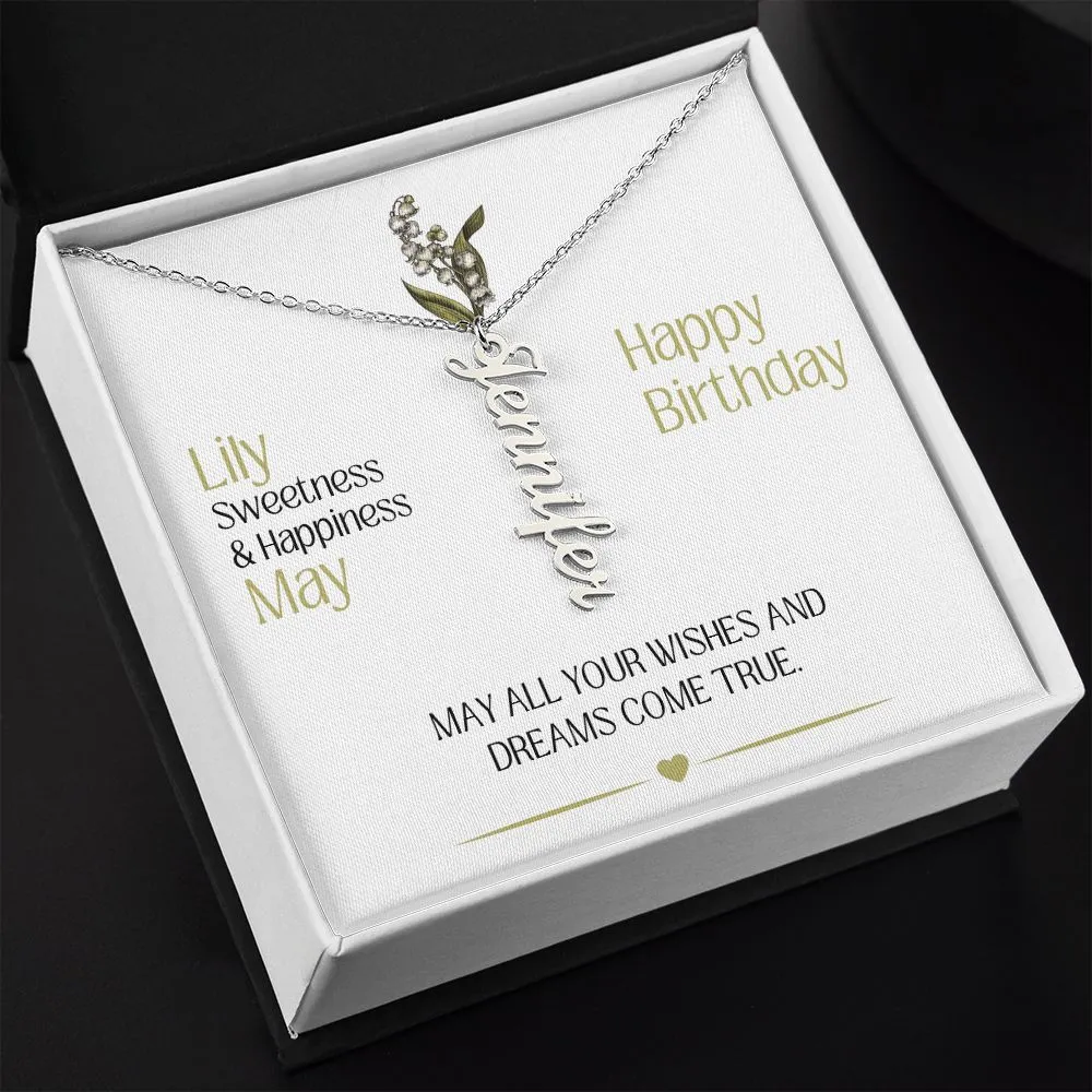 May Birth Month Flower | Happy Birthday - Personalized Vertical Name Necklace