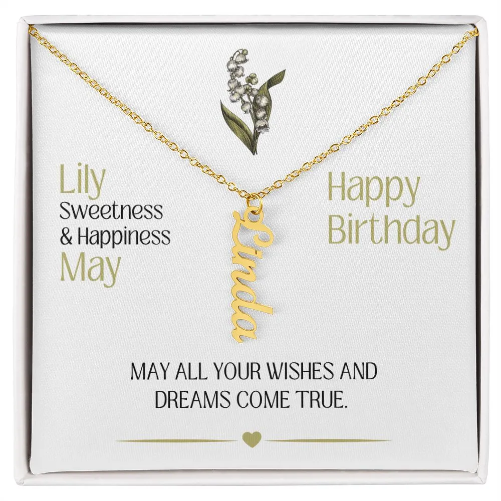 May Birth Month Flower | Happy Birthday - Personalized Vertical Name Necklace