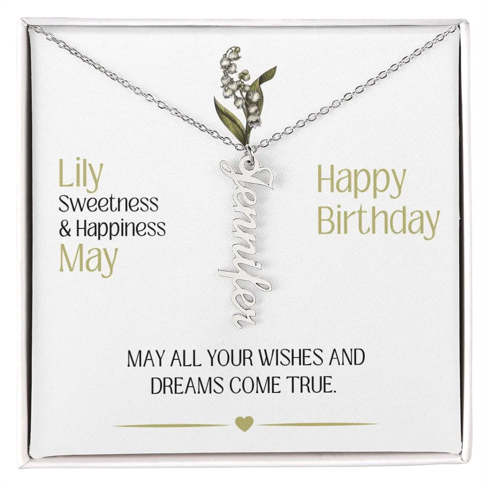 May Birth Month Flower | Happy Birthday - Personalized Vertical Name Necklace