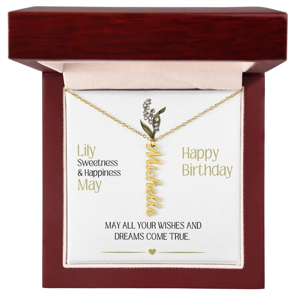 May Birth Month Flower | Happy Birthday - Personalized Vertical Name Necklace