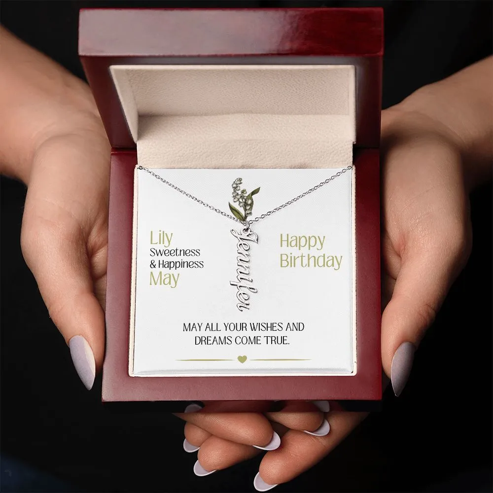 May Birth Month Flower | Happy Birthday - Personalized Vertical Name Necklace