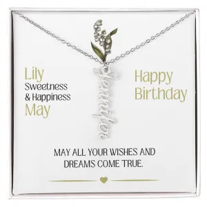 May Birth Month Flower | Happy Birthday - Personalized Vertical Name Necklace