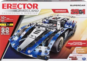 Meccano, 25-in-1 Motorized Supercar STEM Model Building Kit with 347 Parts, Real Tools and Working Lights