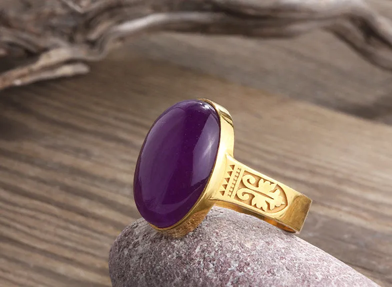 Men's Agate Ring in 14k Yellow Gold Artdeco Ring, Natural Purple Stone Ring for Men
