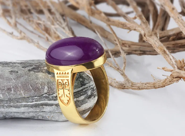 Men's Agate Ring in 14k Yellow Gold Artdeco Ring, Natural Purple Stone Ring for Men