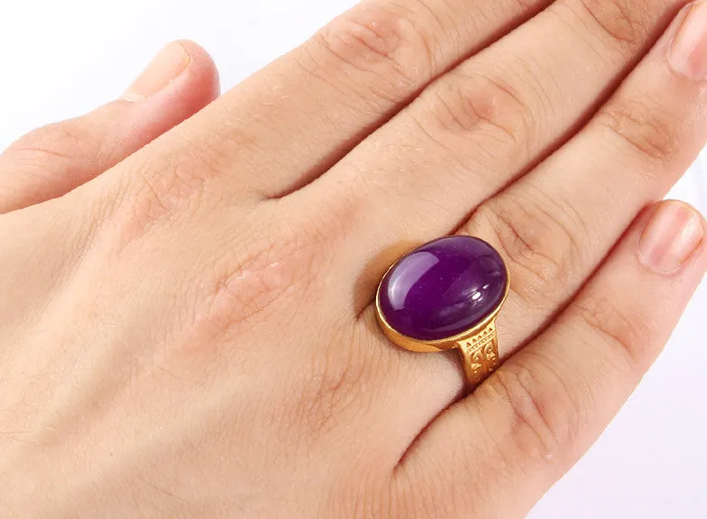 Men's Agate Ring in 14k Yellow Gold Artdeco Ring, Natural Purple Stone Ring for Men
