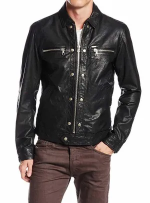 Men's Motorcycle Leather Jacket Black MJ014