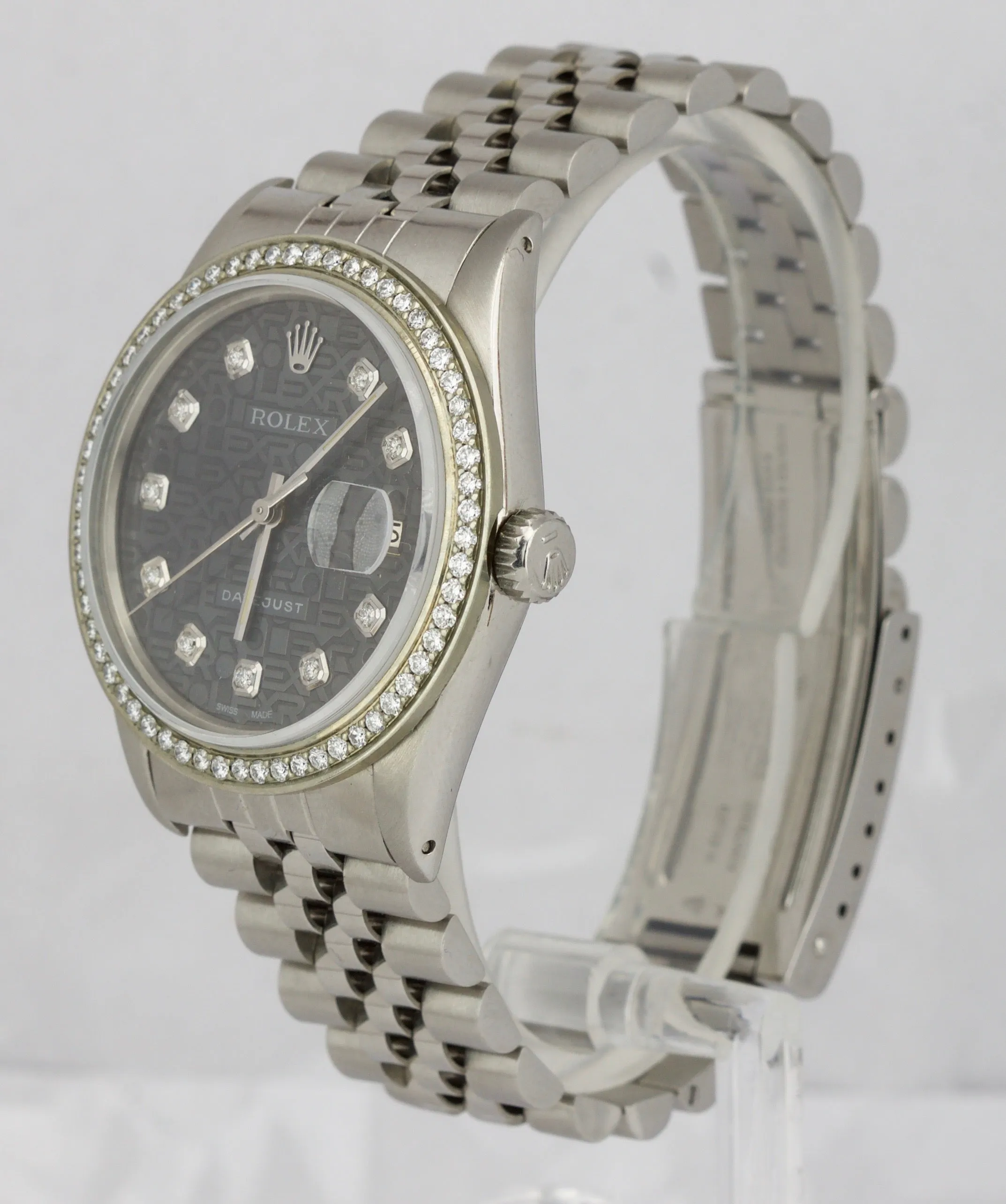 Men's Rolex DateJust 36mm Steel Diamond Rhodium Anniversary Jubilee Watch 16030