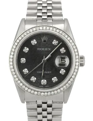 Men's Rolex DateJust 36mm Steel Diamond Rhodium Anniversary Jubilee Watch 16030