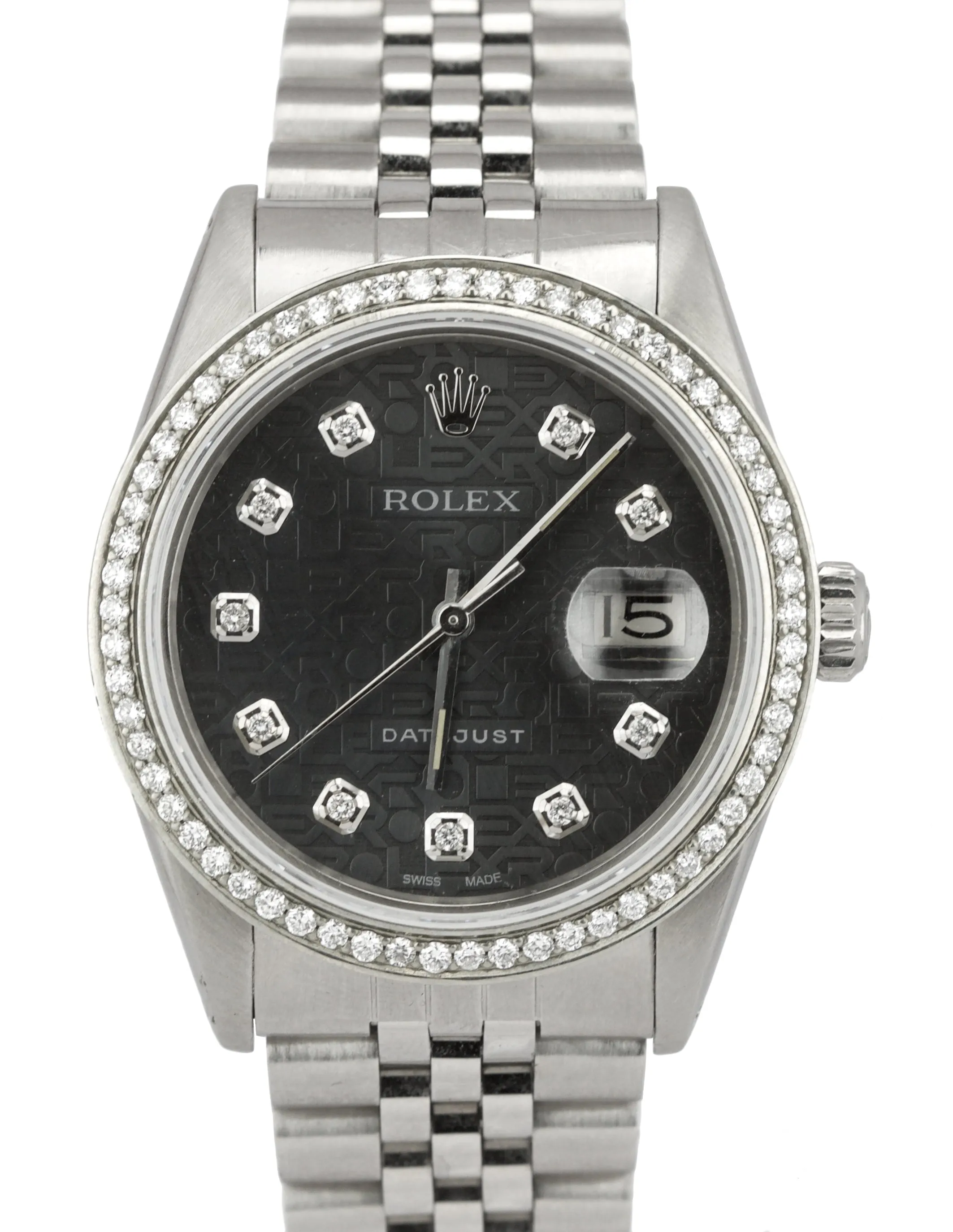 Men's Rolex DateJust 36mm Steel Diamond Rhodium Anniversary Jubilee Watch 16030