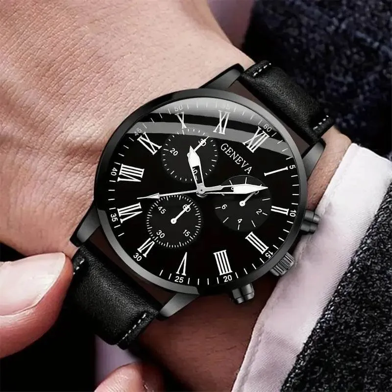Men's Royal Legacy Black Leather Watch & Bracelet Set