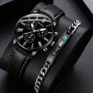 Men's Royal Legacy Black Leather Watch & Bracelet Set