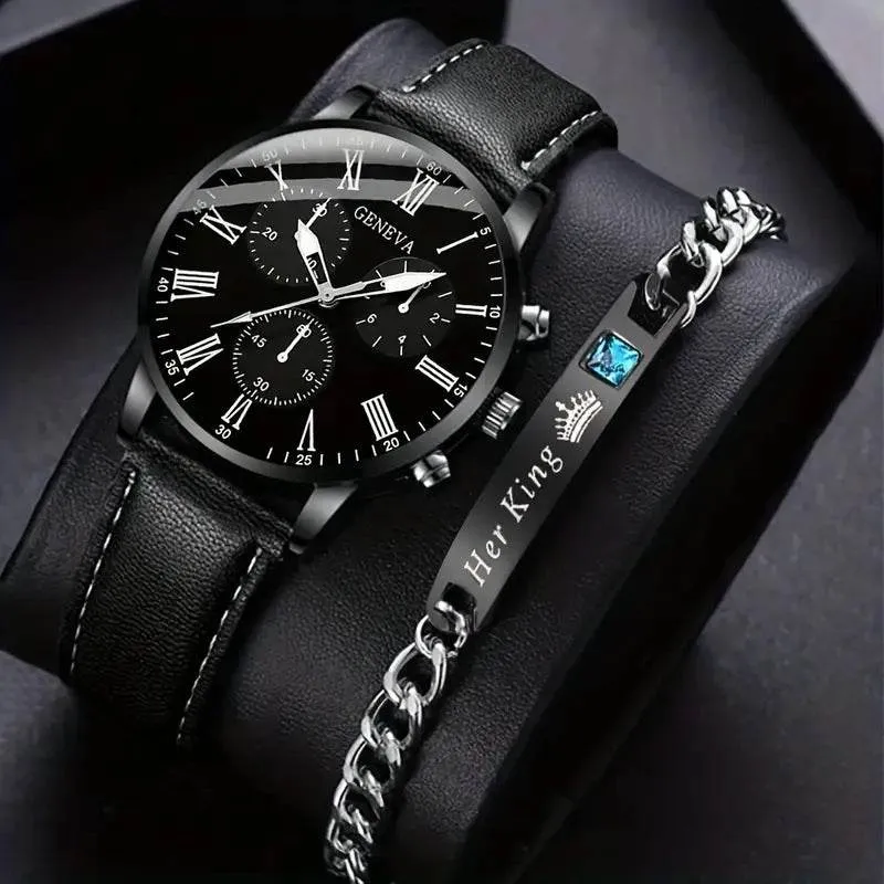 Men's Royal Legacy Black Leather Watch & Bracelet Set