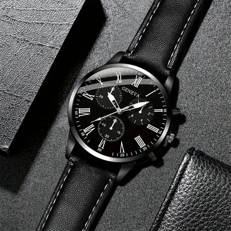 Men's Royal Legacy Black Leather Watch & Bracelet Set