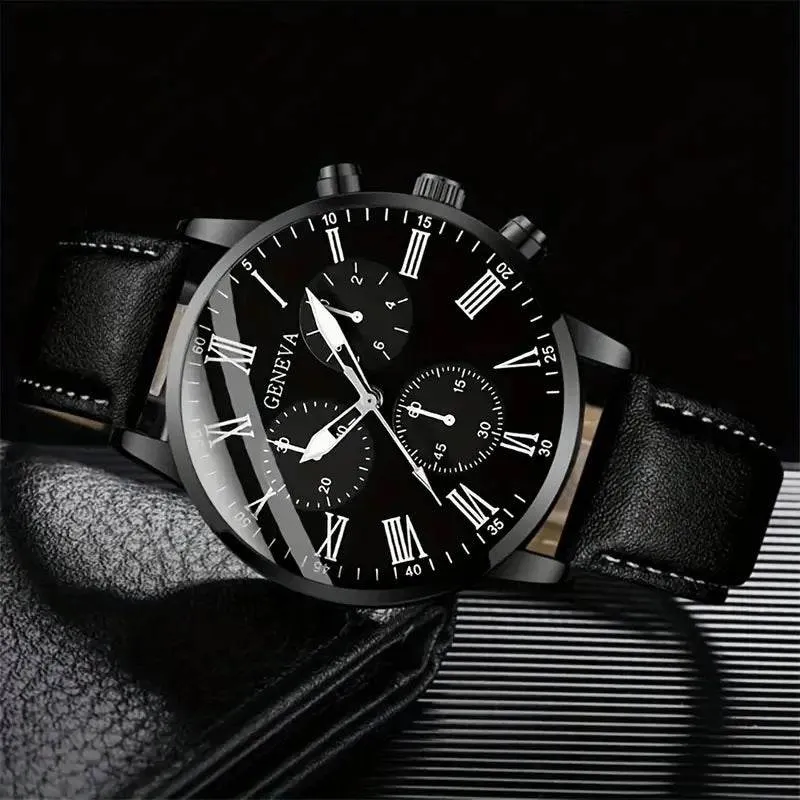 Men's Royal Legacy Black Leather Watch & Bracelet Set