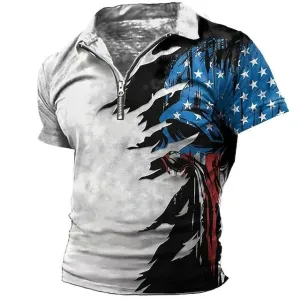 Men's Vintage American Flag Zip Up Polo Shirt