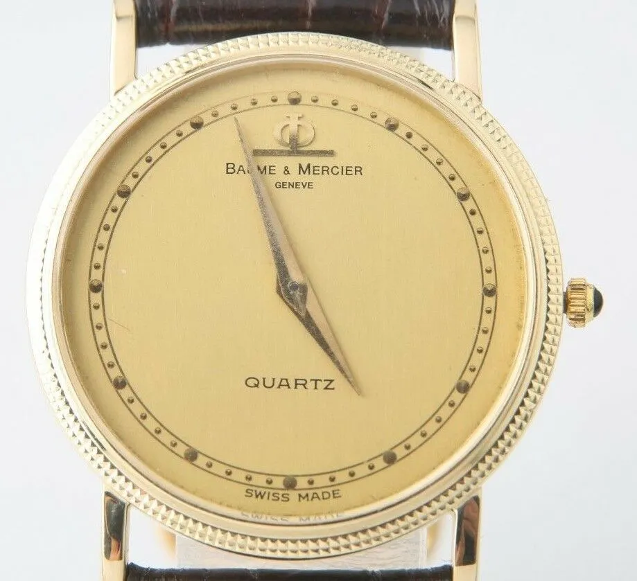 Men's Vintage Φ Baume & Mercier 14k Yellow Gold Quartz Watch Black Leather Band