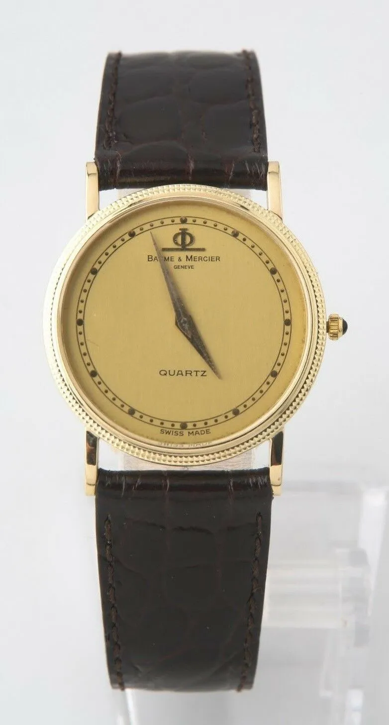 Men's Vintage Φ Baume & Mercier 14k Yellow Gold Quartz Watch Black Leather Band