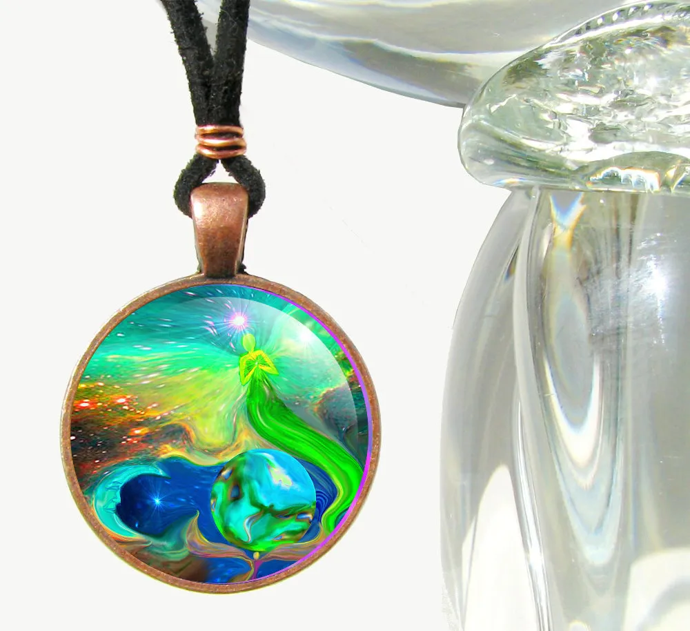 Metaphysical Art Necklace, Moon Planet Stars Wearable Art - "Earth Angel"