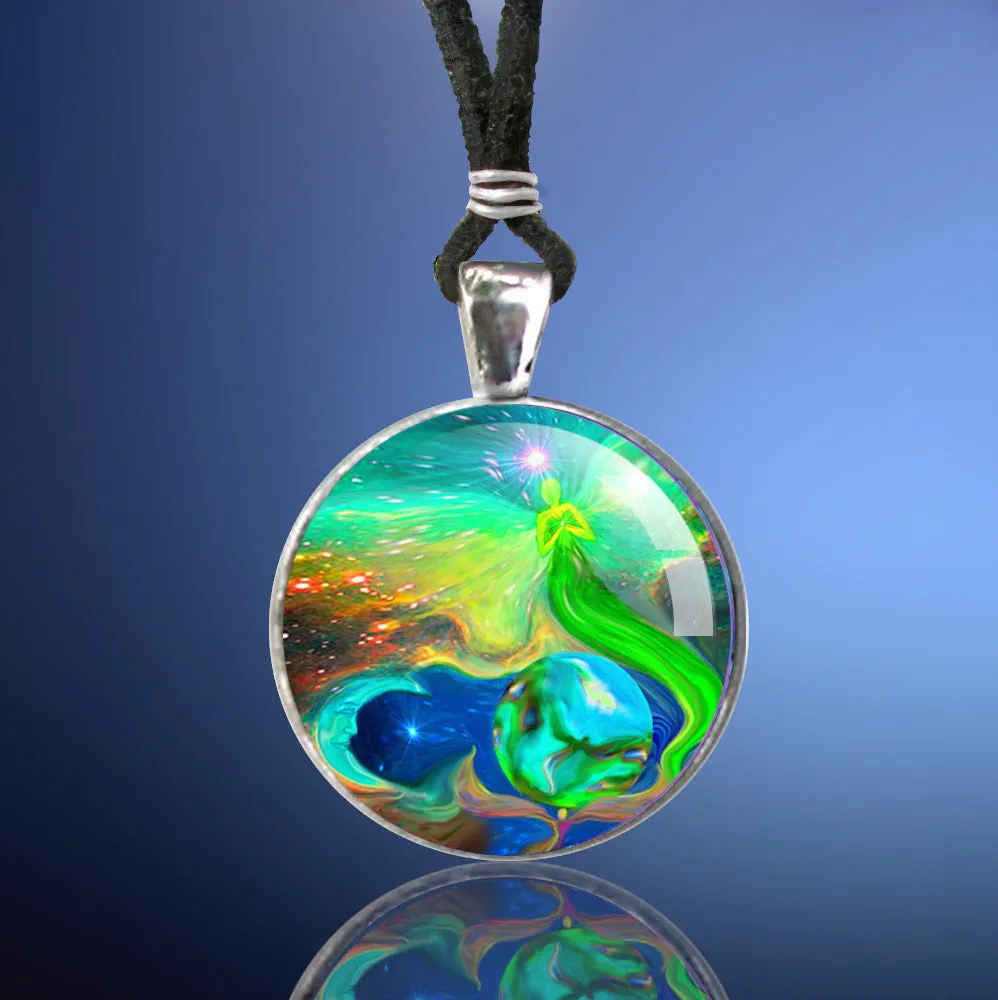 Metaphysical Art Necklace, Moon Planet Stars Wearable Art - "Earth Angel"