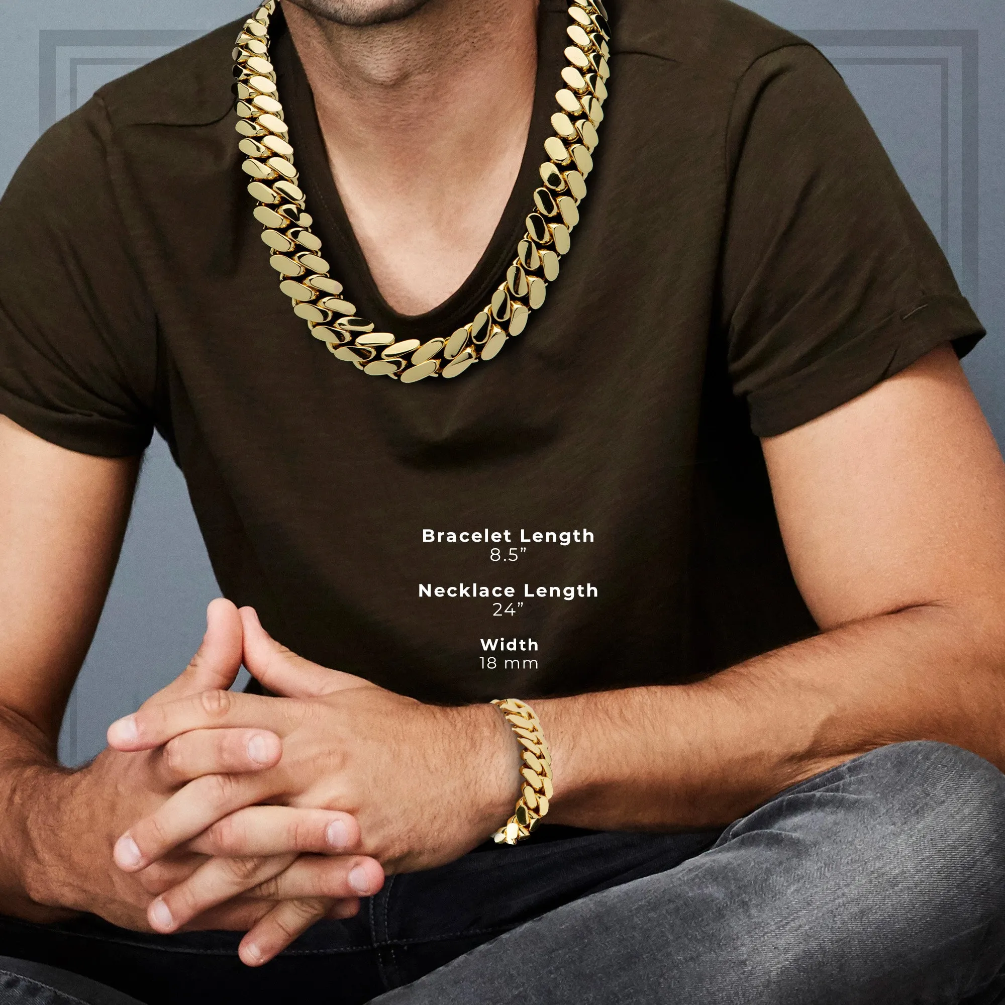 Miami Cuban Link Chain Set Necklace and Bracelet 14K Gold Premium Plated 10-24mm Men Jewelry 24 inch 8.5 inch
