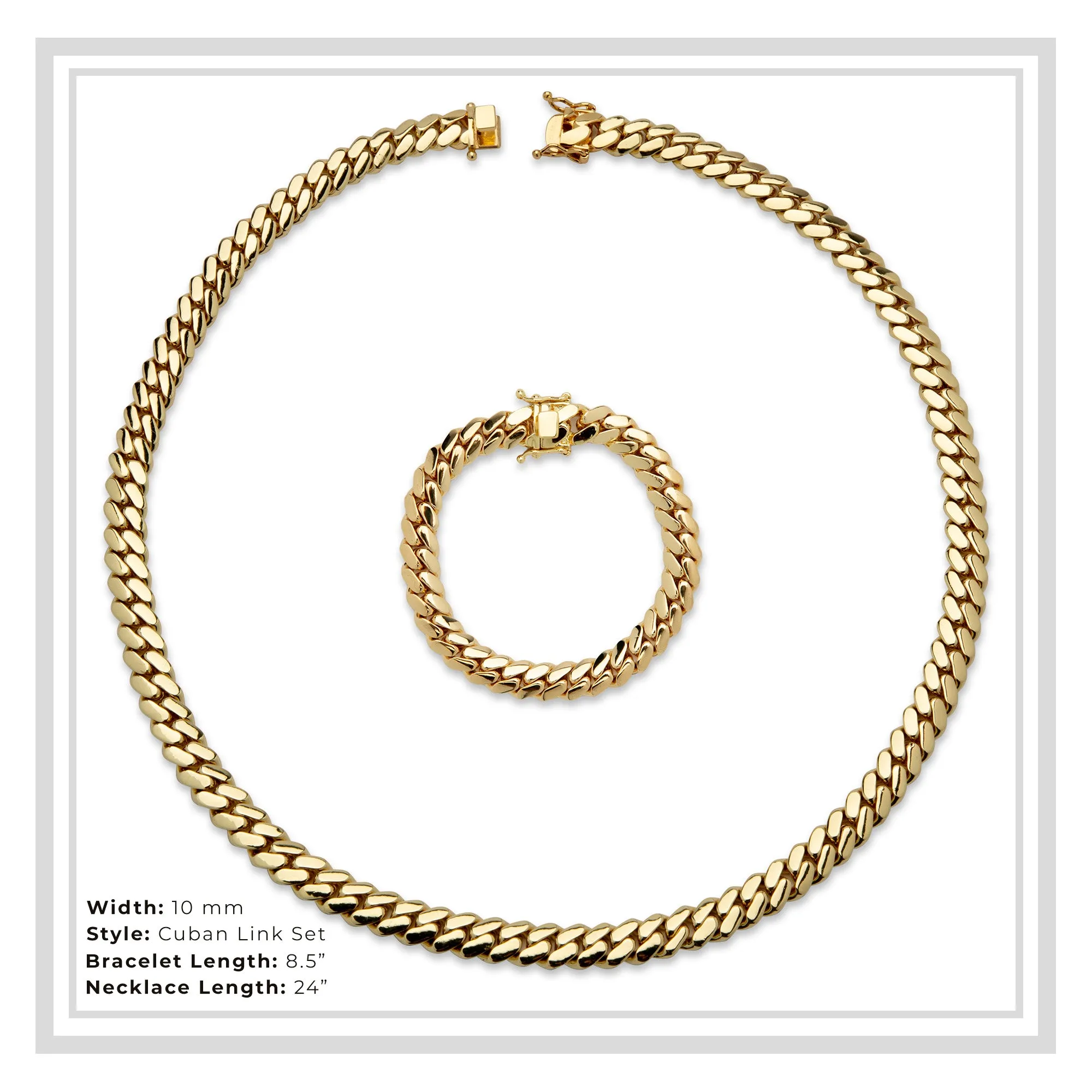 Miami Cuban Link Chain Set Necklace and Bracelet 14K Gold Premium Plated 10-24mm Men Jewelry 24 inch 8.5 inch