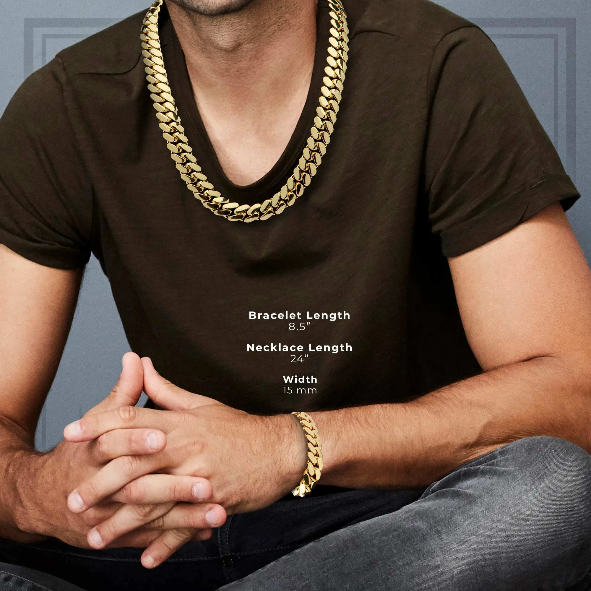 Miami Cuban Link Chain Set Necklace and Bracelet 14K Gold Premium Plated 10-24mm Men Jewelry 24 inch 8.5 inch