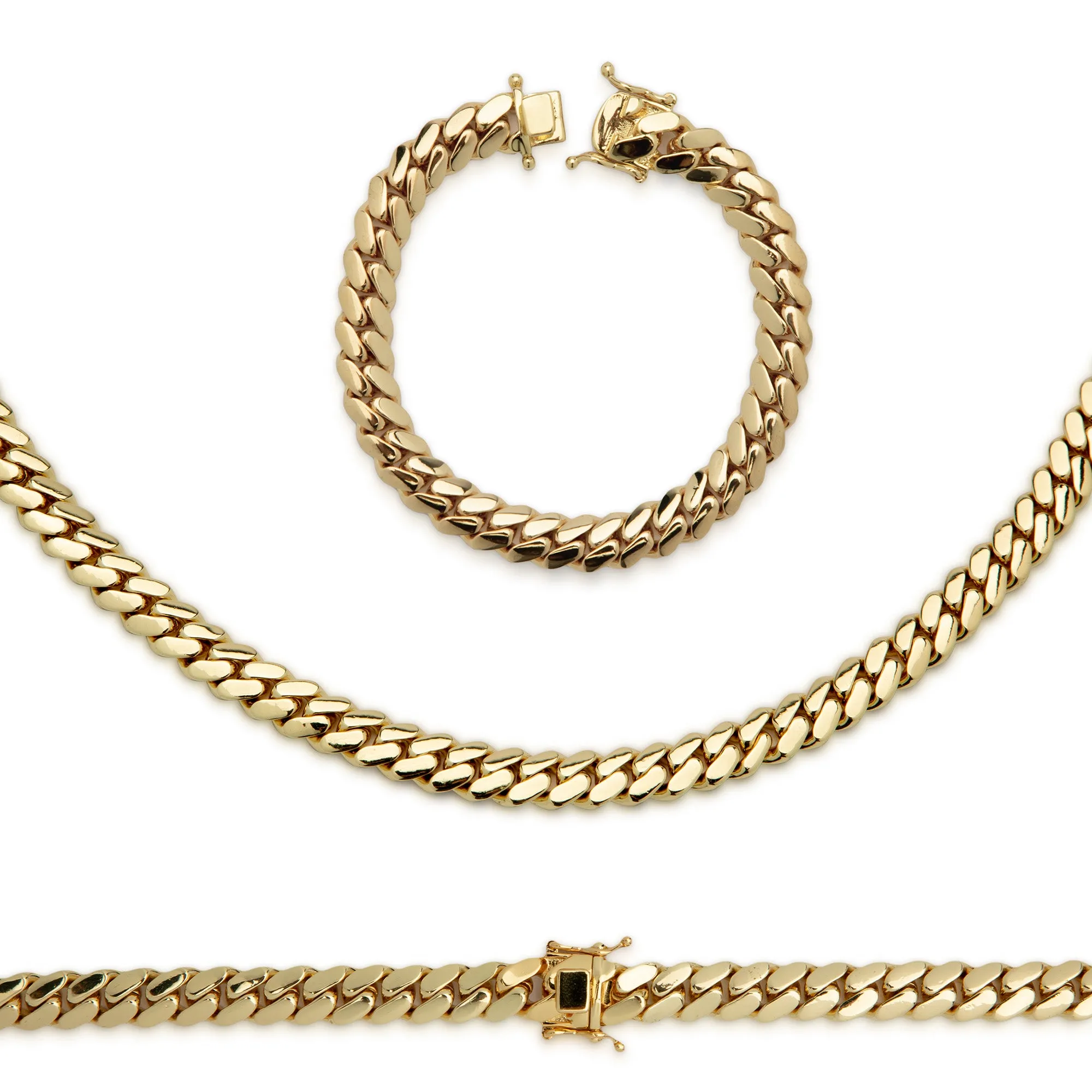 Miami Cuban Link Chain Set Necklace and Bracelet 14K Gold Premium Plated 10-24mm Men Jewelry 24 inch 8.5 inch