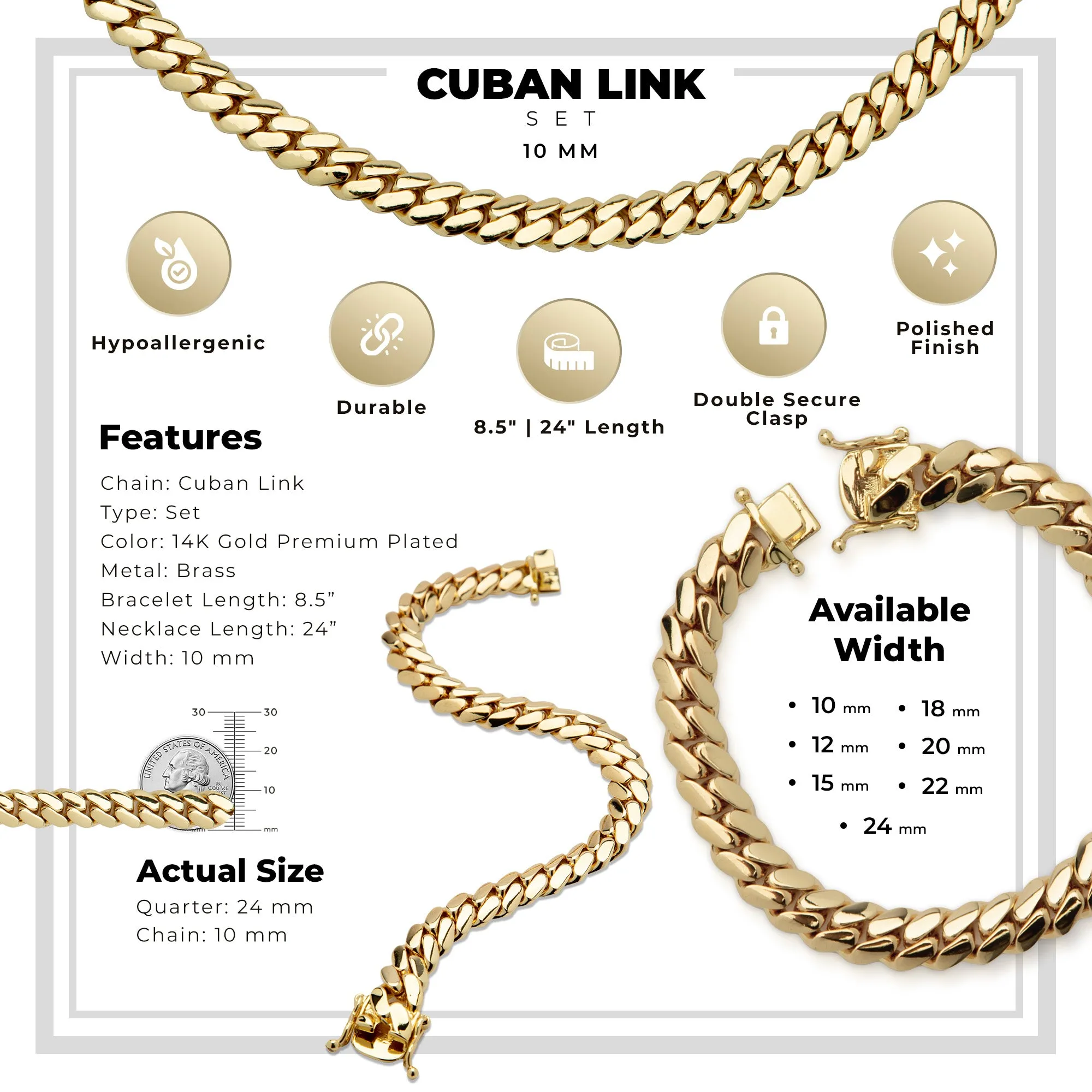 Miami Cuban Link Chain Set Necklace and Bracelet 14K Gold Premium Plated 10-24mm Men Jewelry 24 inch 8.5 inch