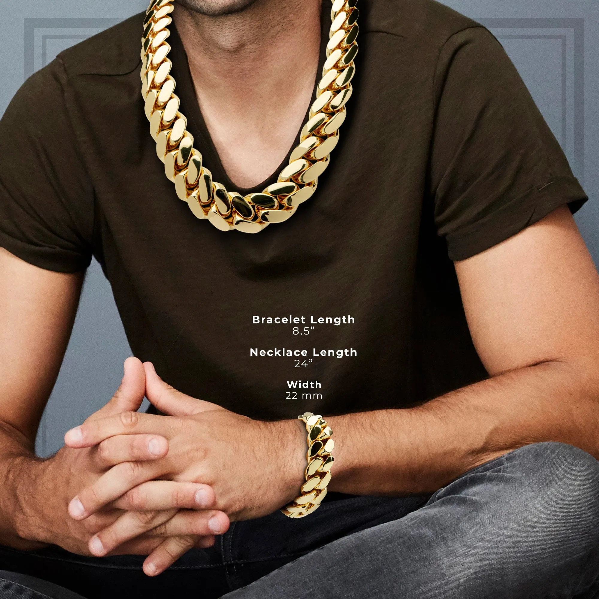 Miami Cuban Link Chain Set Necklace and Bracelet 14K Gold Premium Plated 10-24mm Men Jewelry 24 inch 8.5 inch