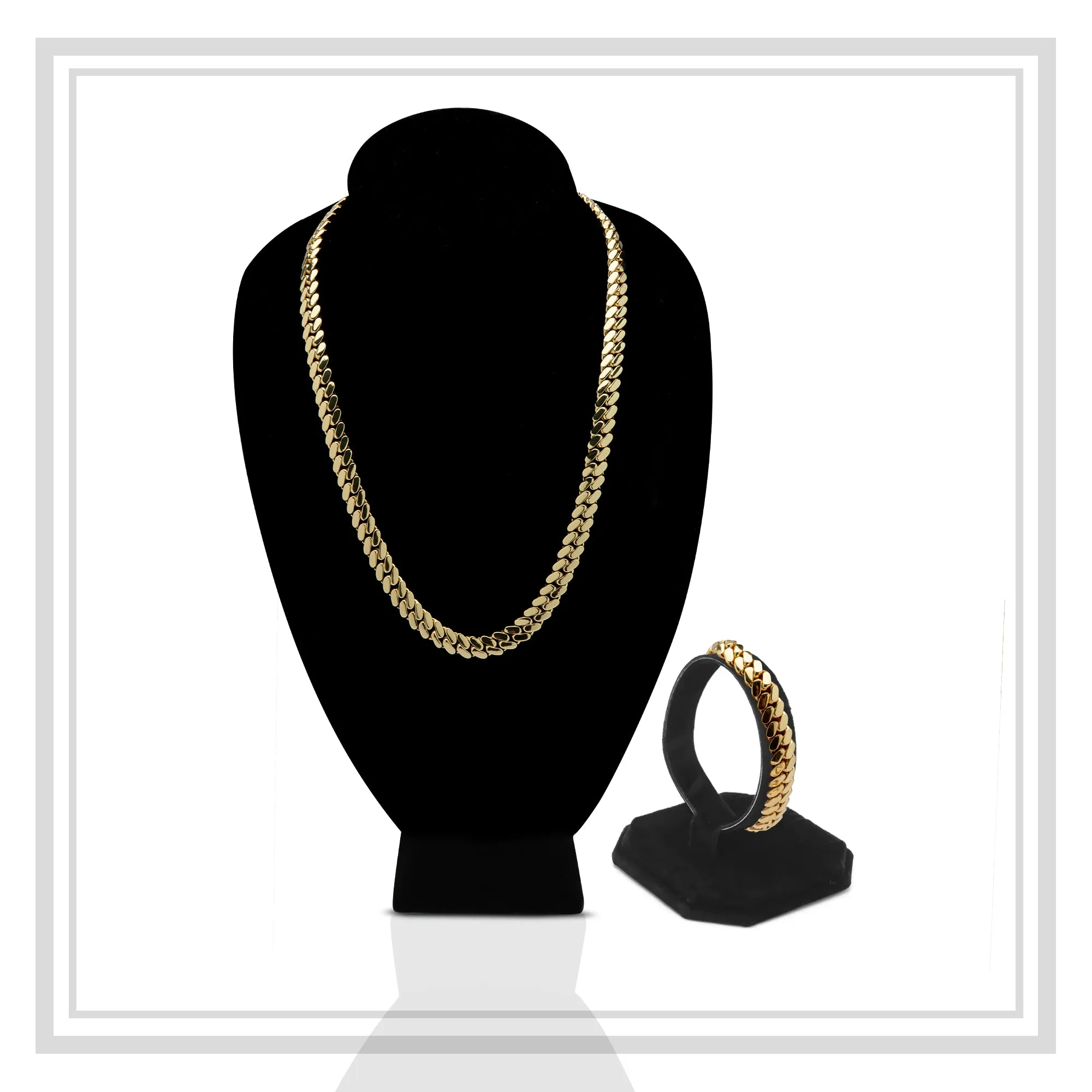 Miami Cuban Link Chain Set Necklace and Bracelet 14K Gold Premium Plated 10-24mm Men Jewelry 24 inch 8.5 inch