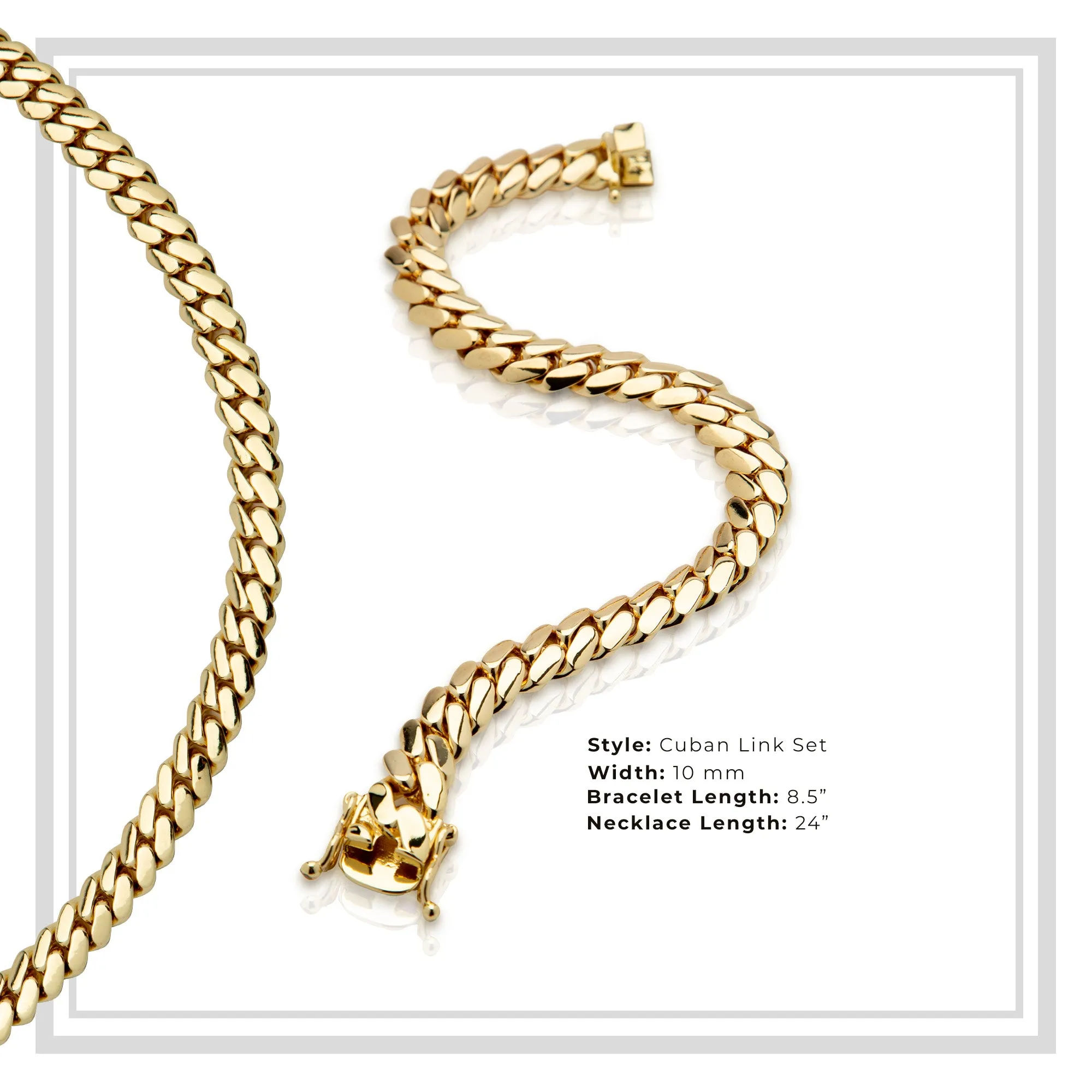 Miami Cuban Link Chain Set Necklace and Bracelet 14K Gold Premium Plated 10-24mm Men Jewelry 24 inch 8.5 inch