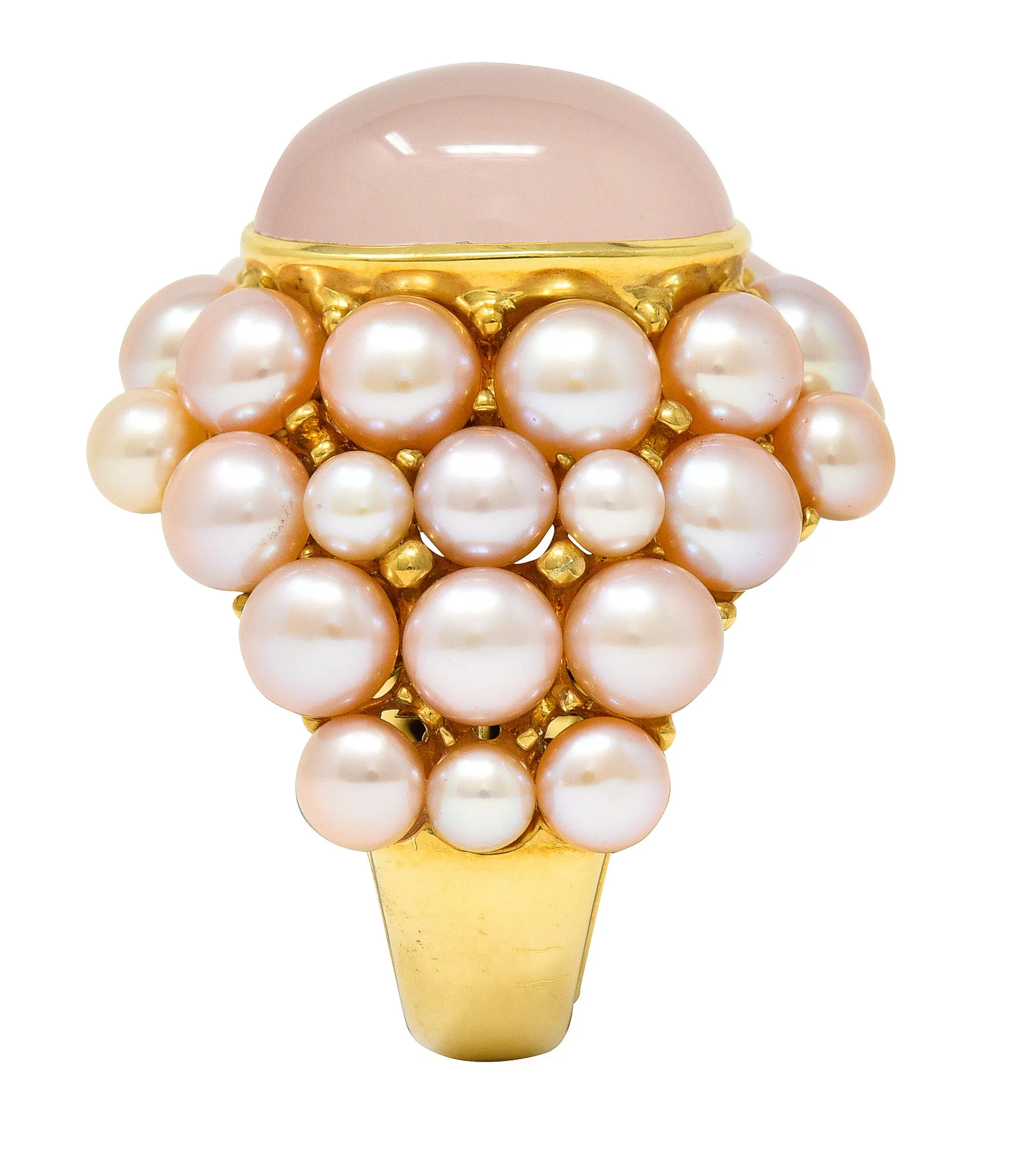 Mimi Milano Rose Quartz Pink Pearl 18 Karat Yellow Gold Vintage Cocktail Ring