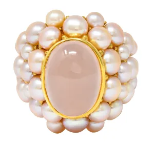 Mimi Milano Rose Quartz Pink Pearl 18 Karat Yellow Gold Vintage Cocktail Ring