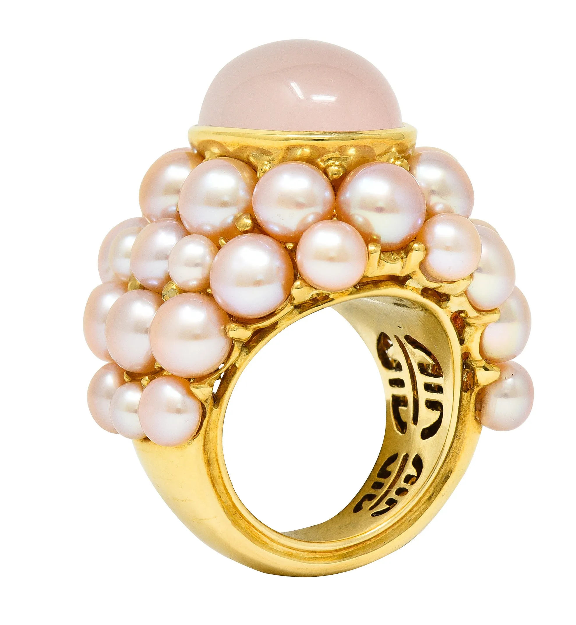 Mimi Milano Rose Quartz Pink Pearl 18 Karat Yellow Gold Vintage Cocktail Ring