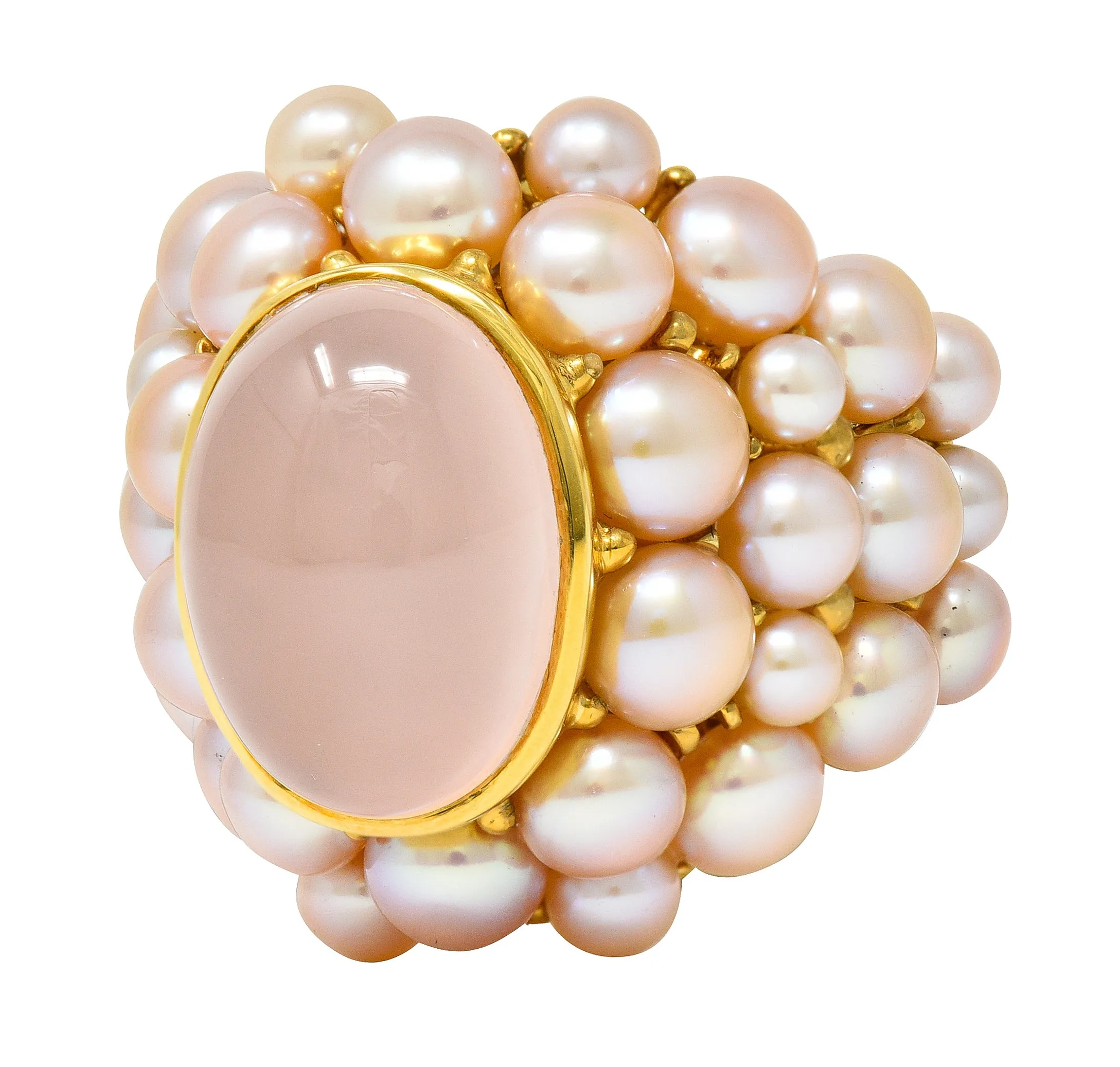 Mimi Milano Rose Quartz Pink Pearl 18 Karat Yellow Gold Vintage Cocktail Ring