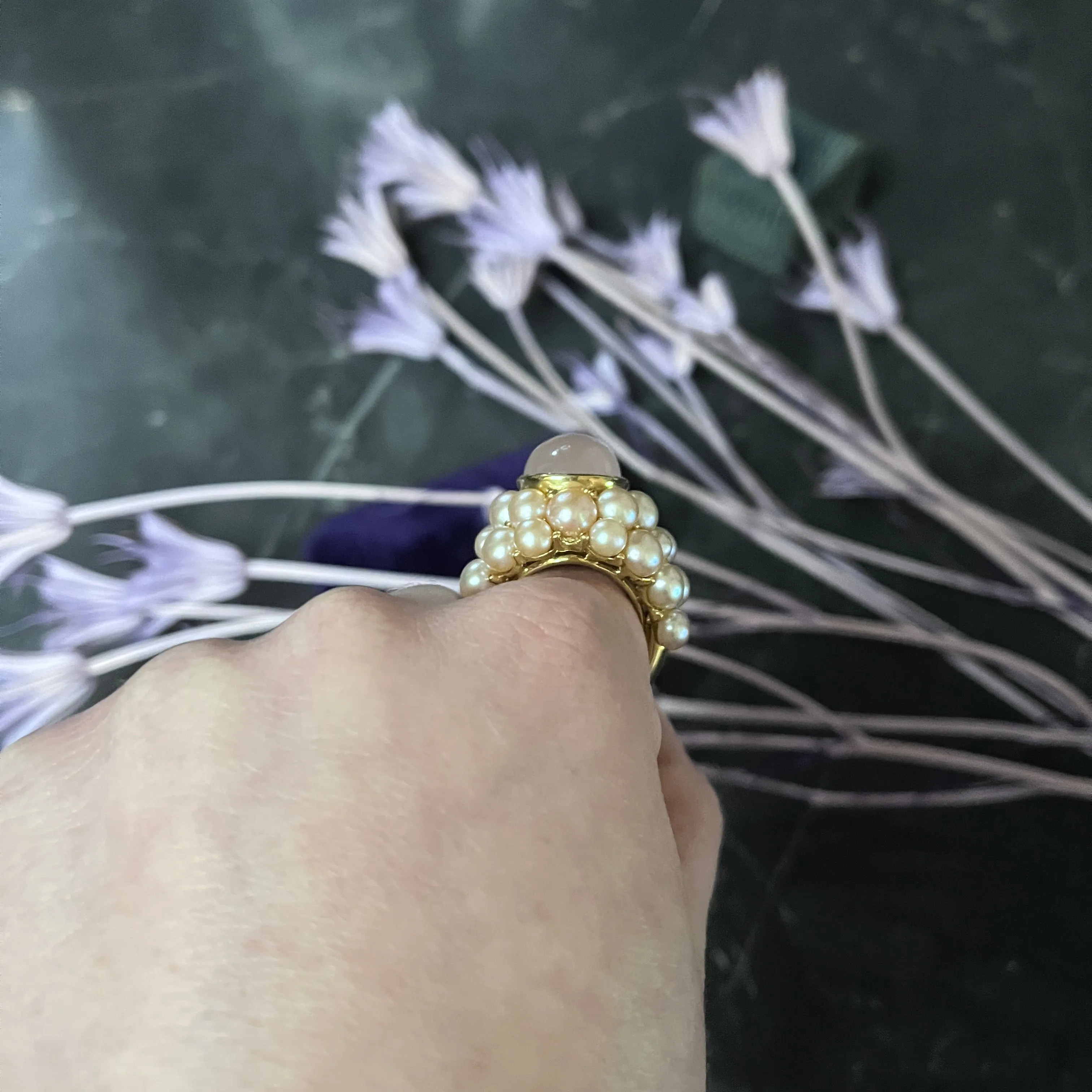 Mimi Milano Rose Quartz Pink Pearl 18 Karat Yellow Gold Vintage Cocktail Ring