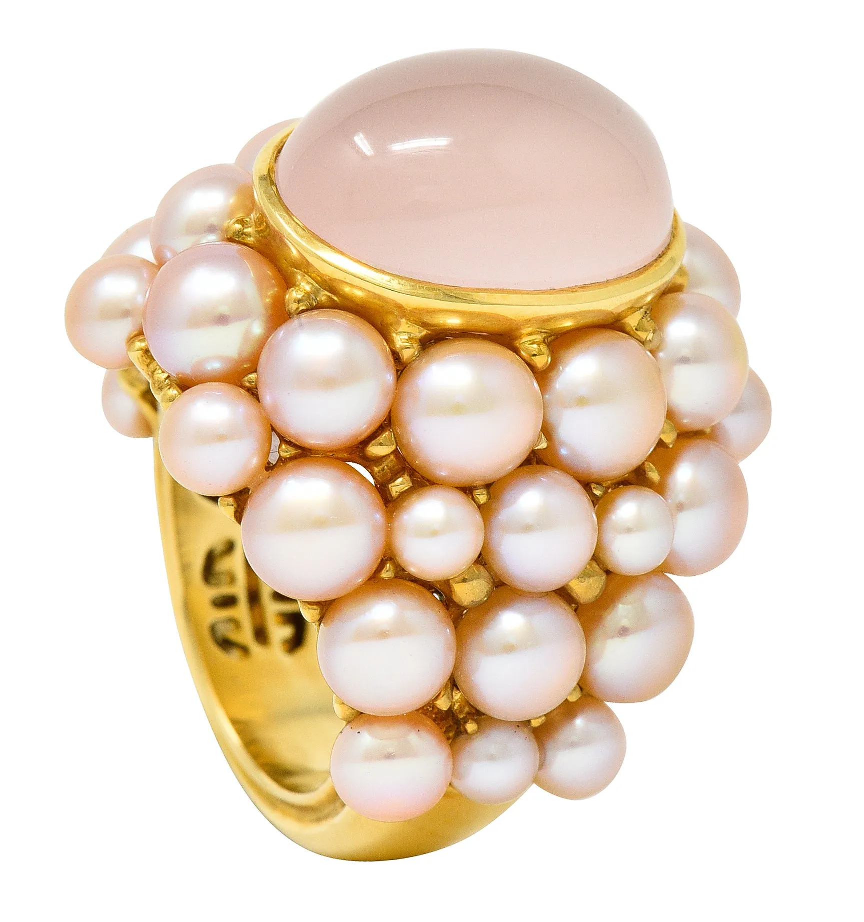 Mimi Milano Rose Quartz Pink Pearl 18 Karat Yellow Gold Vintage Cocktail Ring