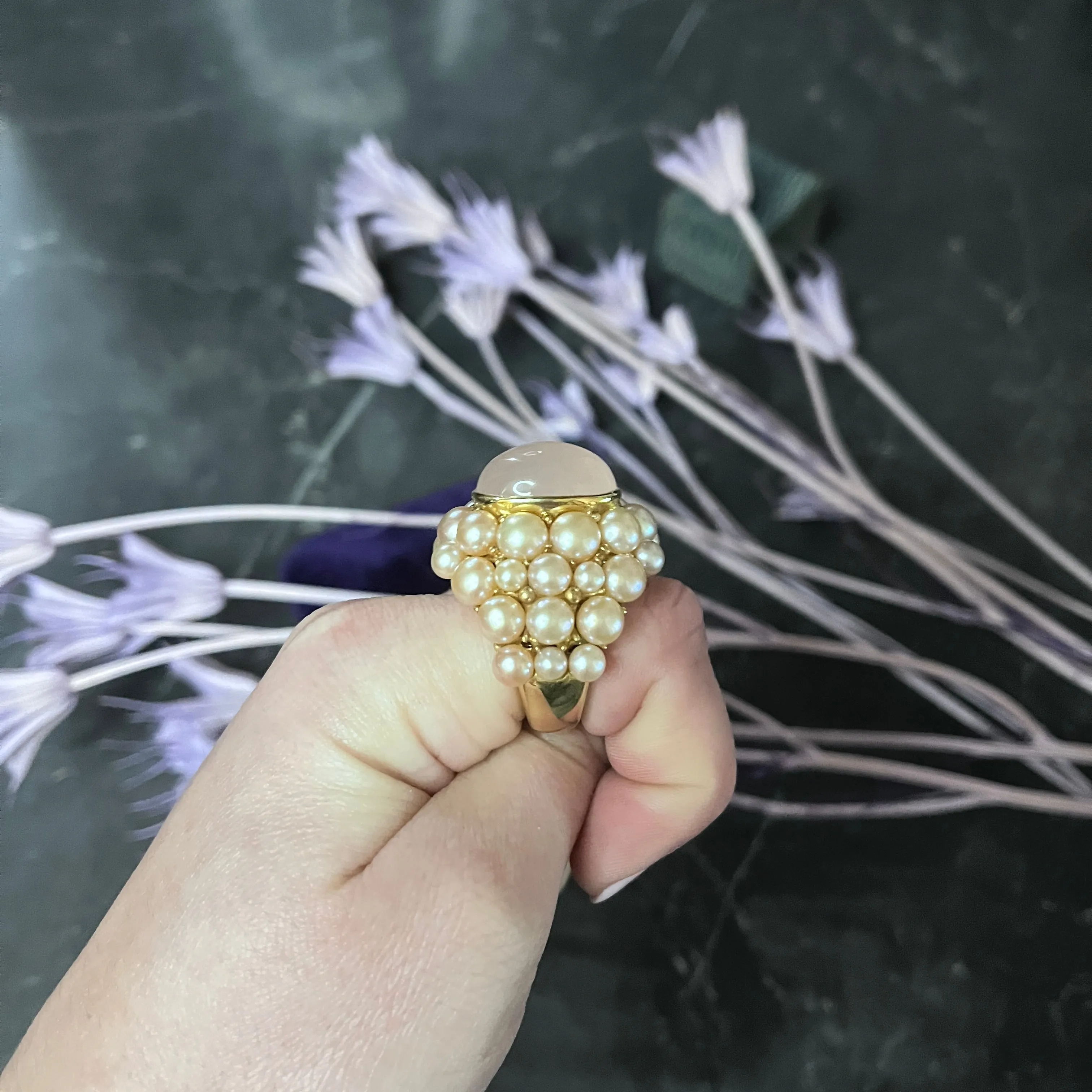 Mimi Milano Rose Quartz Pink Pearl 18 Karat Yellow Gold Vintage Cocktail Ring