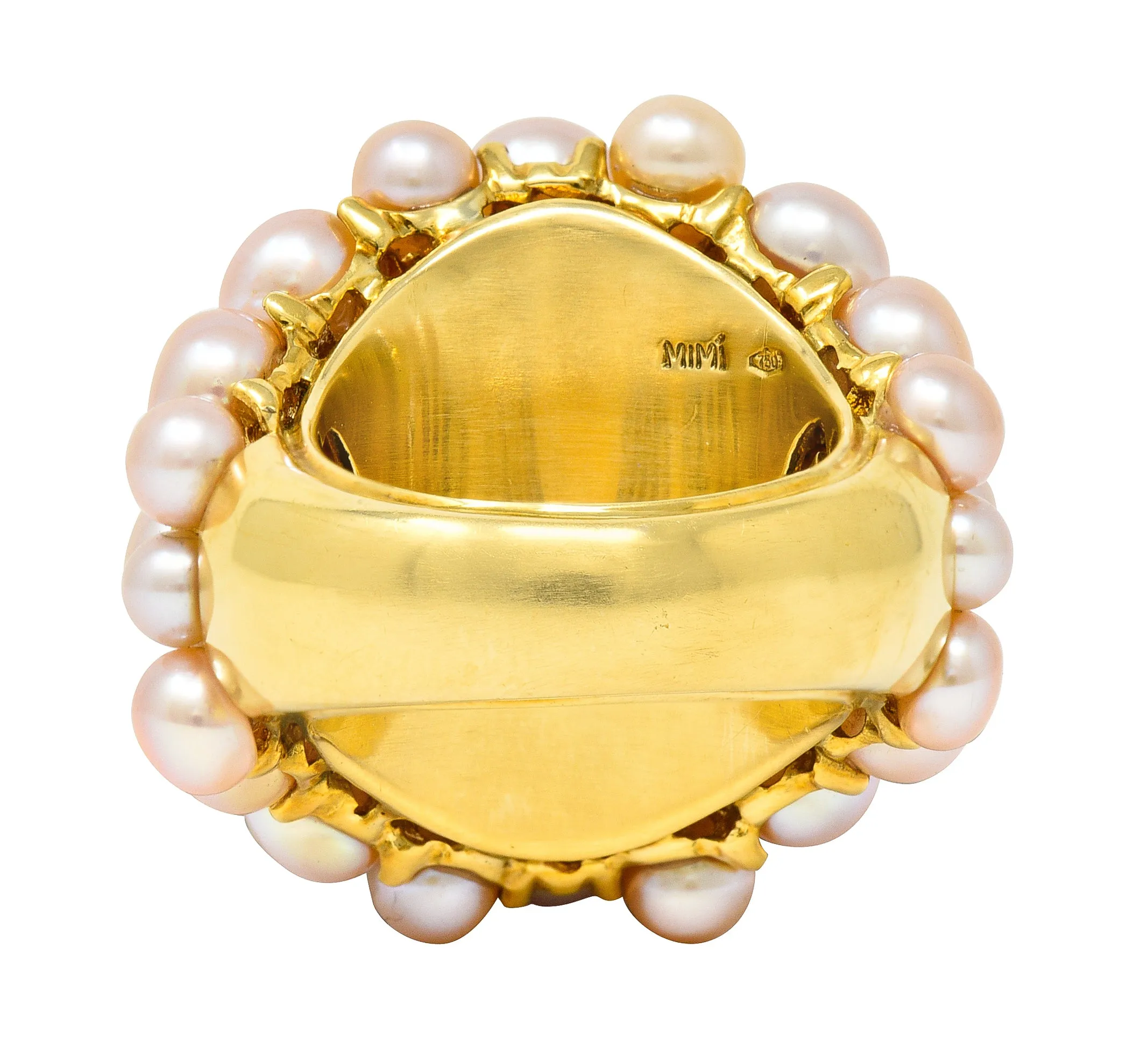 Mimi Milano Rose Quartz Pink Pearl 18 Karat Yellow Gold Vintage Cocktail Ring