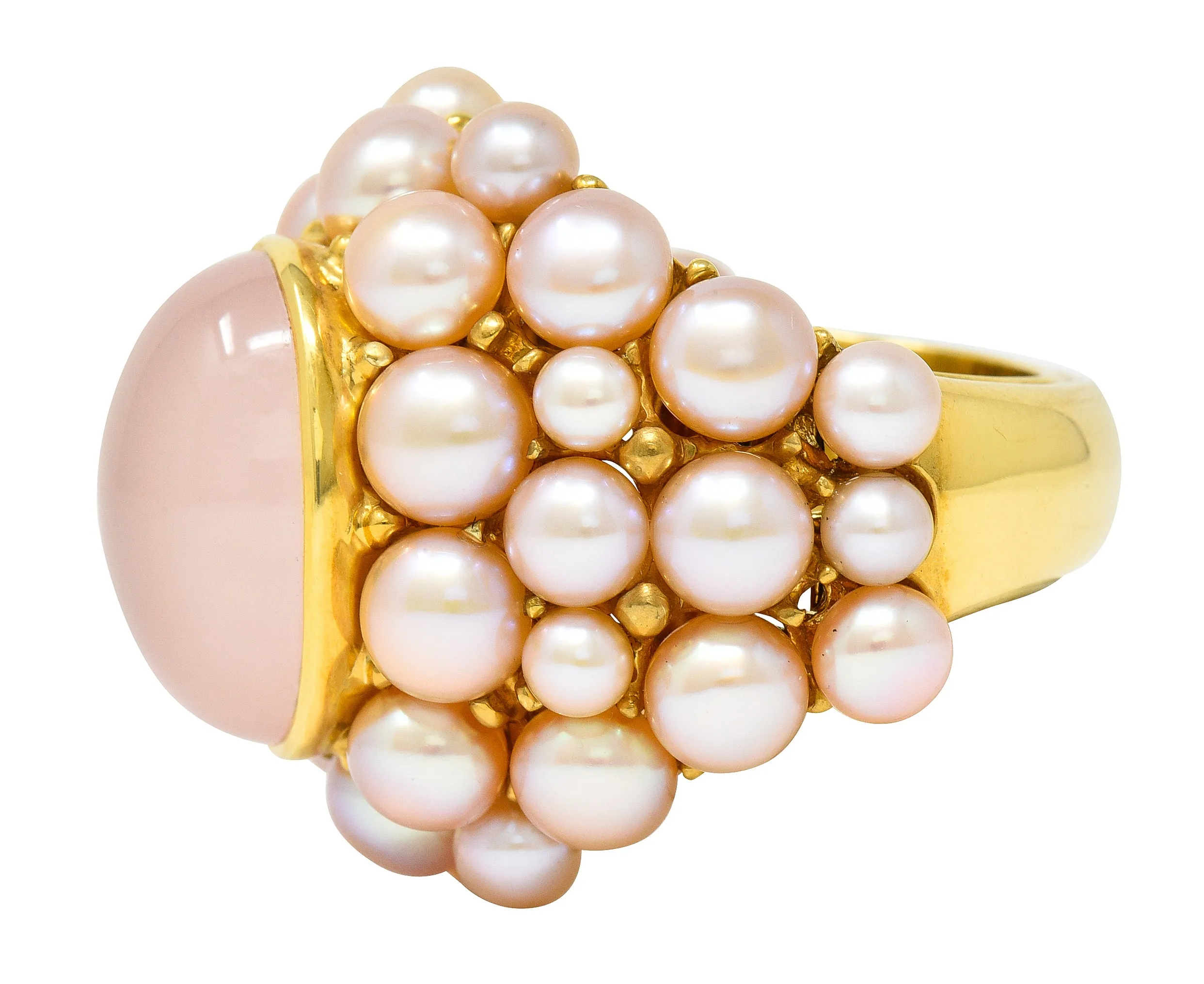 Mimi Milano Rose Quartz Pink Pearl 18 Karat Yellow Gold Vintage Cocktail Ring