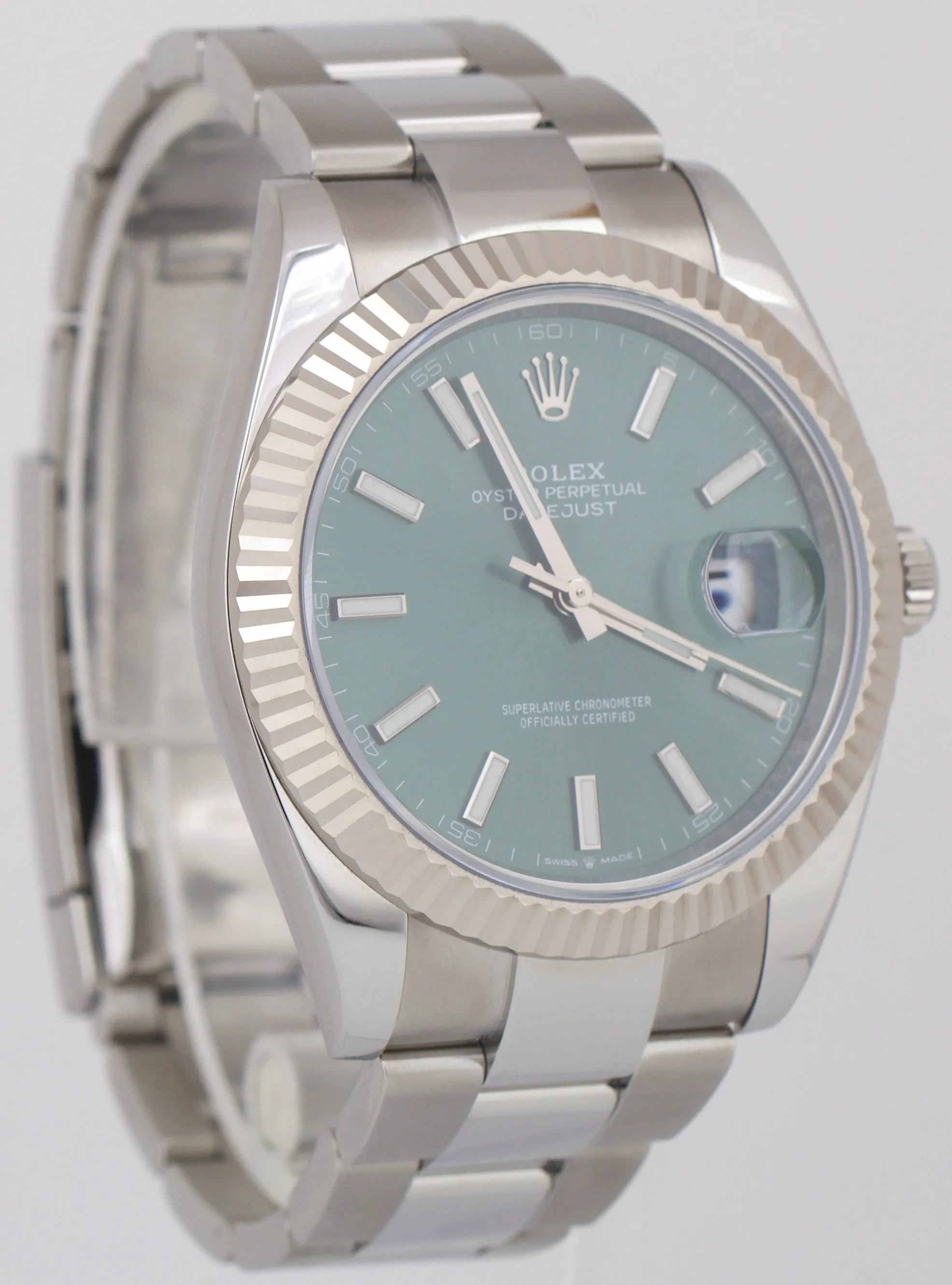 MINT 2023 PAPERS Rolex DateJust 41mm MINT GREEN Steel Fluted Oyster 126334 BOX