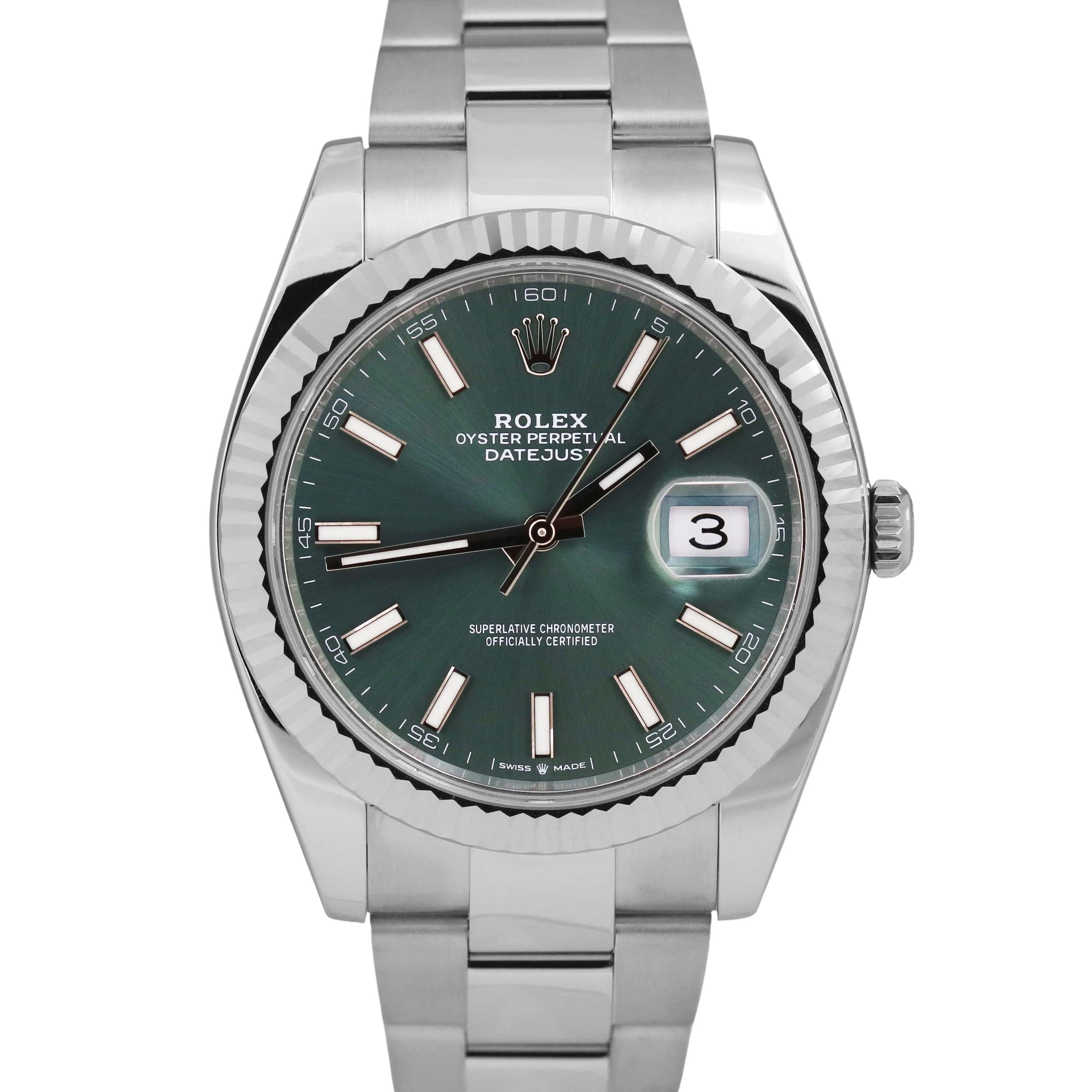 MINT 2024 PAPERS Rolex DateJust 41mm MINT GREEN 18K Oyster Fluted 126334 BOX